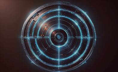 Poster - Blue circle with a black center. The circle is surrounded by a black border