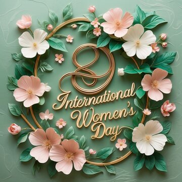 Botanical Banner to Celebrate International Woman's Day. Green Floral Design with Number 8