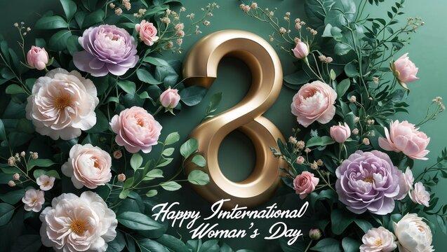 Botanical Banner to Celebrate International Woman's Day. Green Floral Design with Number 8