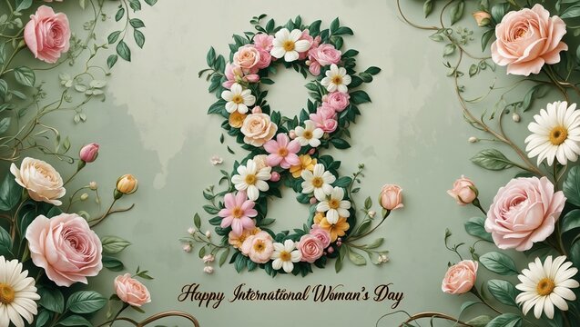 Botanical Banner to Celebrate International Woman's Day. Green Floral Design with Number 8
