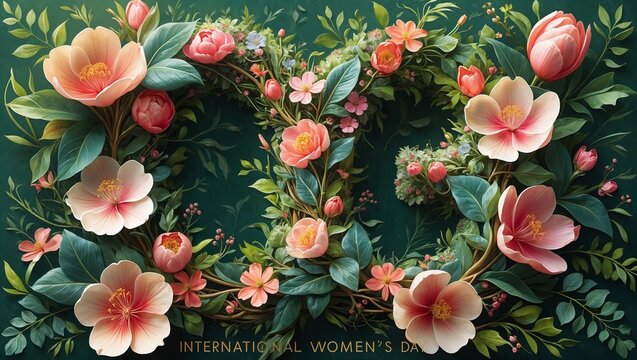 Botanical Banner to Celebrate International Woman's Day. Green Floral Design with Number 8