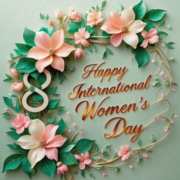 Botanical Banner to Celebrate International Woman's Day. Green Floral Design with Number 8