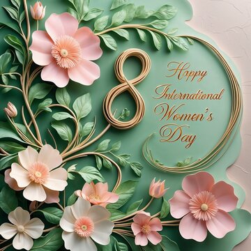 Botanical Banner to Celebrate International Woman's Day. Green Floral Design with Number 8