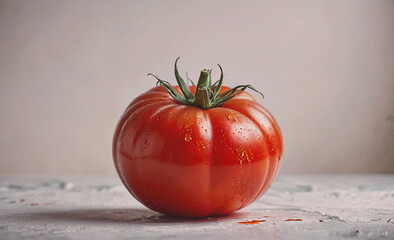 Poster - Red tomato with a stem on top. It is sitting on a table. The tomato is wet