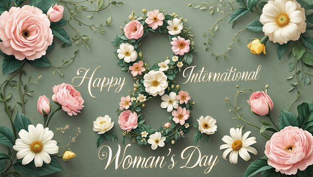 Botanical Banner to Celebrate International Woman's Day. Green Floral Design with Number 8