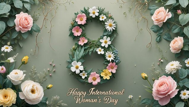 Botanical Banner to Celebrate International Woman's Day. Green Floral Design with Number 8
