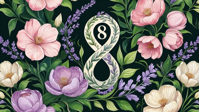 Botanical Banner to Celebrate International Woman's Day. Green Floral Design with Number 8