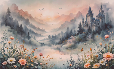 Poster - Painting of a castle and mountains with a river in the foreground. There are many flowers in the foreground and a few butterflies