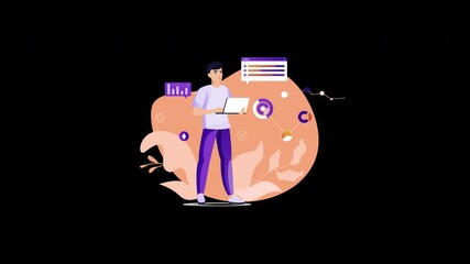 Poster - A young male professional analyzes data on a tablet in a flat design graphics style.