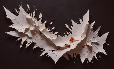 Poster - White leafy branch with a black background. The branch is made of paper and has a lot of white splatters