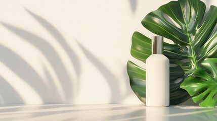 Wall Mural - A minimalistic scene featuring a white bottle and tropical leaves against a neutral background.