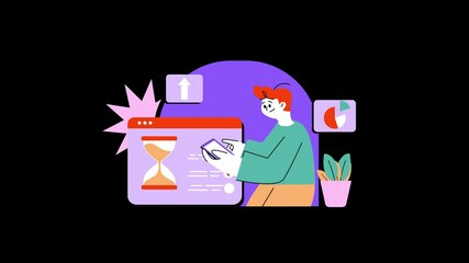 Poster - A cartoon character with red hair using a smartphone, surrounded by graphs and hourglass, demonstrating a tech concept.