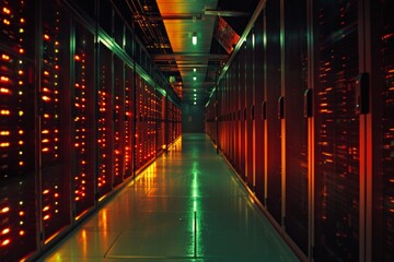 Poster - Data center operations exploring endless rows of server racks in a dimly lit environment