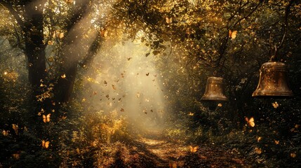 Poster - Enchanted Forest Pathway with Butterflies and Glowing Bells