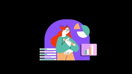 Poster - A woman with red hair, holding a pencil, stands confidently in front of charts and books, illustrating a learning environment.