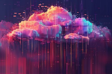 Fototapete - Data-driven technology cloud digital realm pixelated art vibrant environment aerial view data concept