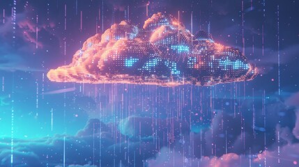 Poster - Digital rainfall pixelated cloud delivering data packets in a futuristic environment