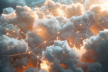 Poster - Fluffy clouds transforming into network servers digital skies 3d art futuristic environment aerial perspective