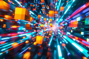 Poster - Visualizing kutae network traffic blocky data packets in motion digital space abstract viewpoint