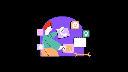 Poster - A European woman interacts with digital tools for communication in a colorful 2D illustration.
