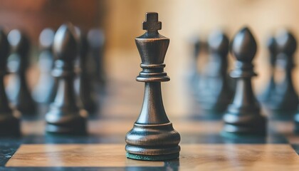 Poster - Elegant and Detailed Close-Up of a Wooden Chess King Piece Surrounded by Other Chess Pieces on a Beautifully Crafted Board