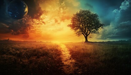 Aufkleber - A Stunning Landscape at Sunrise with an Isolated Tree, Dramatic Skies, and a Distant Planet, Capturing Nature's Beauty in a Vibrant Color Palette