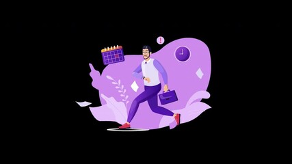 Poster - A European businessman hurries with a briefcase and calendar in a purple abstract background.