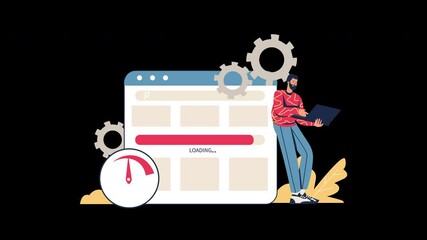 Poster - A man using a laptop while loading an online page, featuring gears and a speedometer, in a modern illustration style.