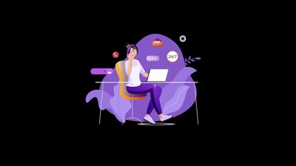 Poster - A woman of Asian descent working on a laptop, surrounded by digital elements in a vibrant purple background.