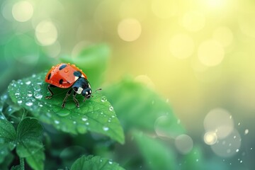 a striking ladybug resting on a dewy green leaf, illuminated by soft natural light, surrounded by lu