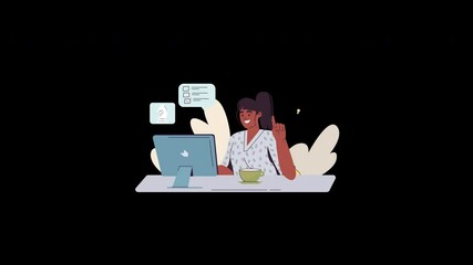Poster - A cheerful Black woman working at a desk with a computer and a cup, engaging in tasks with a smile.