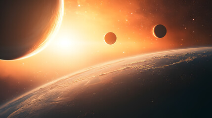 Wall Mural - A sunrise view over a group of planets in space.