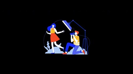 Poster - A European woman poses while a man photographs her in a colorful animated setting.