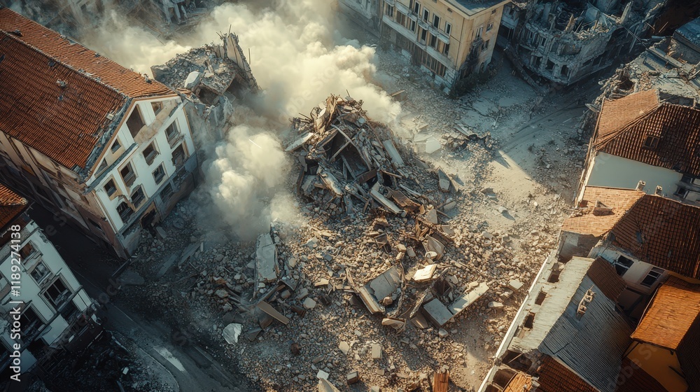 Buildings lie in ruins, reduced to rubble after a powerful earthquake ...
