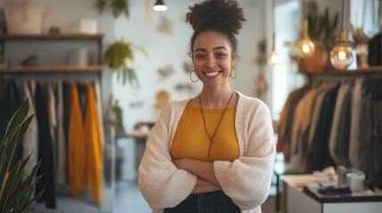 Confident young woman in cozy shop with fashion clothing and warm lighting