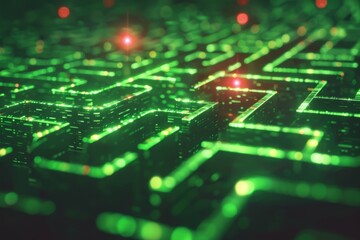 Fototapete - Digital maze of glowing green code virtual space 3d render high-tech environment top-down view futuristic concept