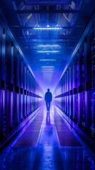 Poster - Technician navigating towering server racks in data center futuristic lighting high-tech environment
