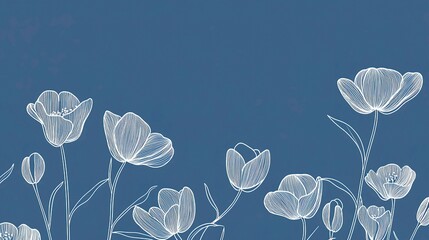 Poster - White Line Drawing of Floral Design on Blue Background