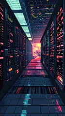 Poster - Vibrant data center visualization digital realm pixel art design futuristic environment perspective concept