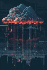Poster - Data-driven pixelated cloud rain digital cityscape graphic art nighttime futuristic concept