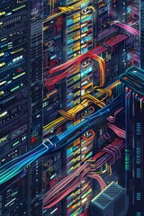 Poster - Dynamic pixel art server room top-down perspective digital environment vibrant technology concept