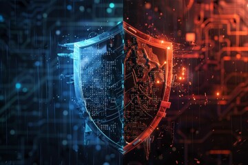 Fototapete - Digital shield concept split in half futuristic design technology theme cyber environment abstract view