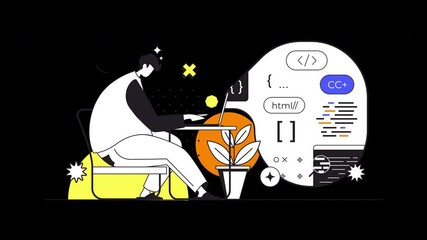 Poster - A person working on coding and technology with a plant nearby, in a stylized flat design.
