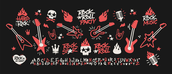 Poster - Rock Music and Punk Doodle signs collection for Rock Party and apparel print, pattern design. Rock n Roll pattern element set of guitar, skull, fire or flame, microphone, crown, font type, etc (set 1)