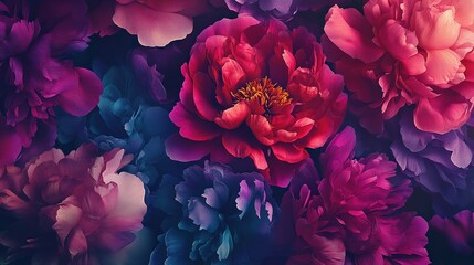  Vibrant Peony Bloom: A close-up shot of lush, richly colored peonies in deep pinks, purples, and blues, creating a captivating floral tapestry. The image is rich in texture and color.