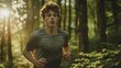 © ninakosh - Young runner in a forest during golden hour engaging in fitness activity