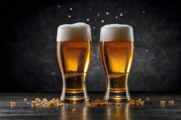 Set of beer glasses with foam on a transparent background. Concept of entertainment, party, and alcohol.