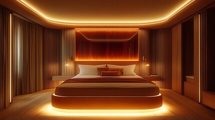 Wall Mural - A wide shot of an elegant bespoke bedroom with a large double bed the bed headboard has a led surrounding