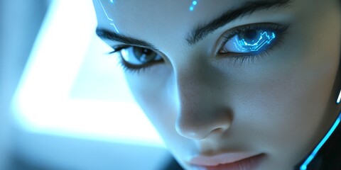Aufkleber - Futuristic close-up of a cybernetic person with glowing blue eyes. This image captures advanced technology and a blend of human and machine. Perfect for sci-fi projects and digital art. AI