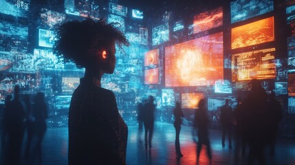 Poster - In a vibrant virtual reality social hub, individuals interact amidst a backdrop of stunning digital displays showcasing dynamic content. Participants are fully immersed, enjoying conversations